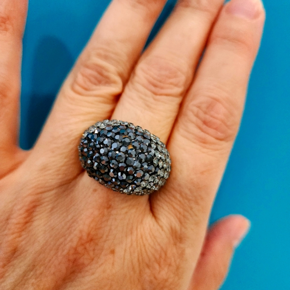 Hematite Pave Crystals Gunmetal Ring,  size 9.5